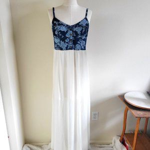 White/Jean Maxi w/ Sheer overlay, White short underneath. Floral Jean Top